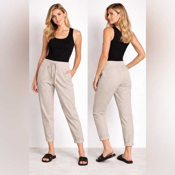 Alembika Pants - Alembika Striped Drawstring Tapered Pants Beige Size 3 Women Cotton Linen